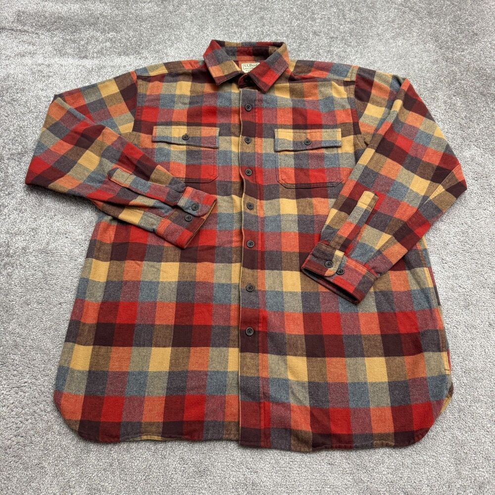 L.L. Bean Plaid Chamois Cloth Flannel Heavyweight Shirt Men L Tall Red Cotton